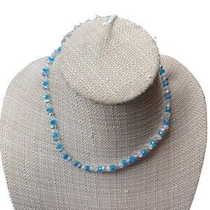 Beaded Necklace with Blue and Clear Satin Glass Beads